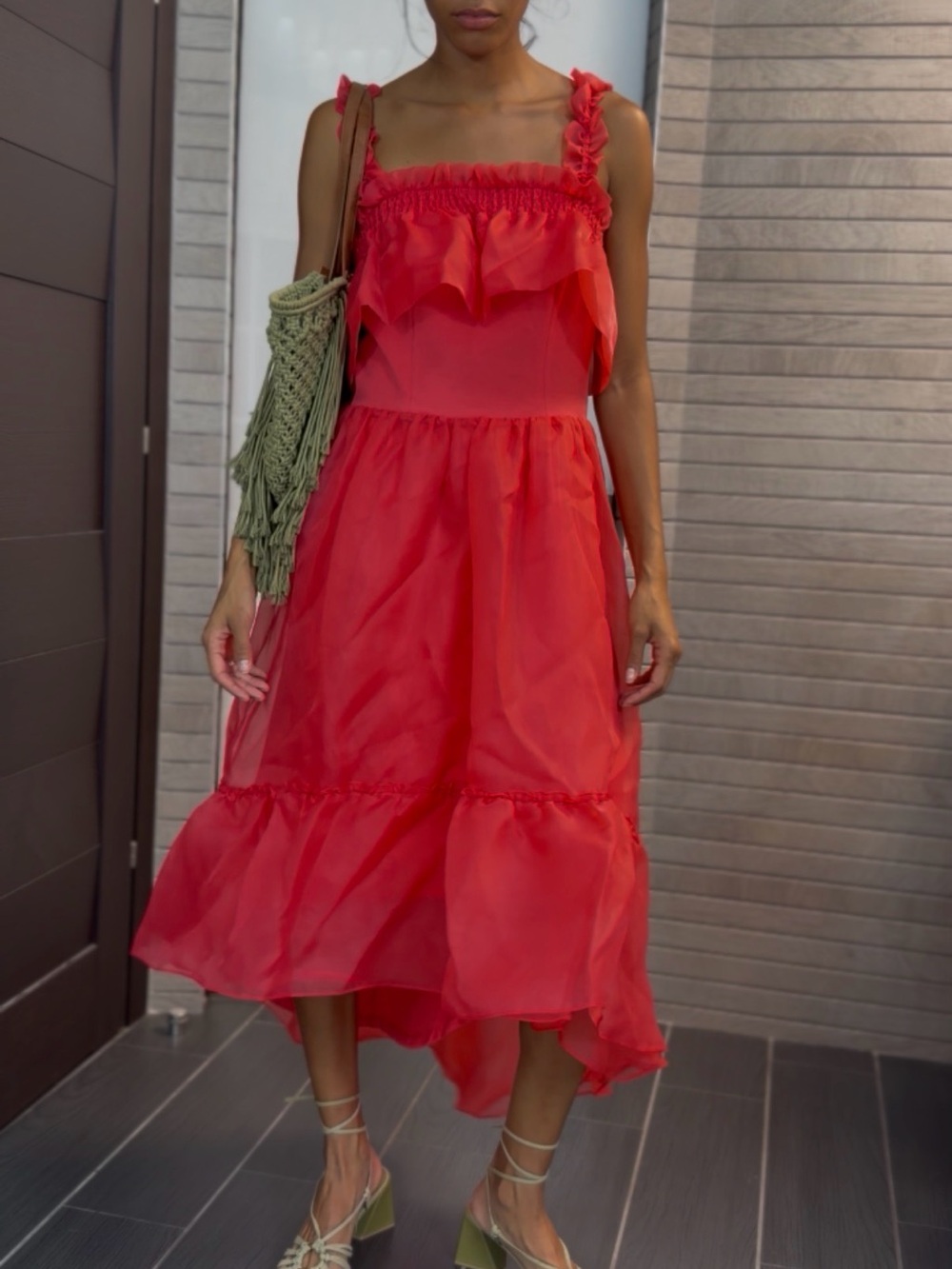 Christian Siriano Coral Midi Dress with Ruffle Straps